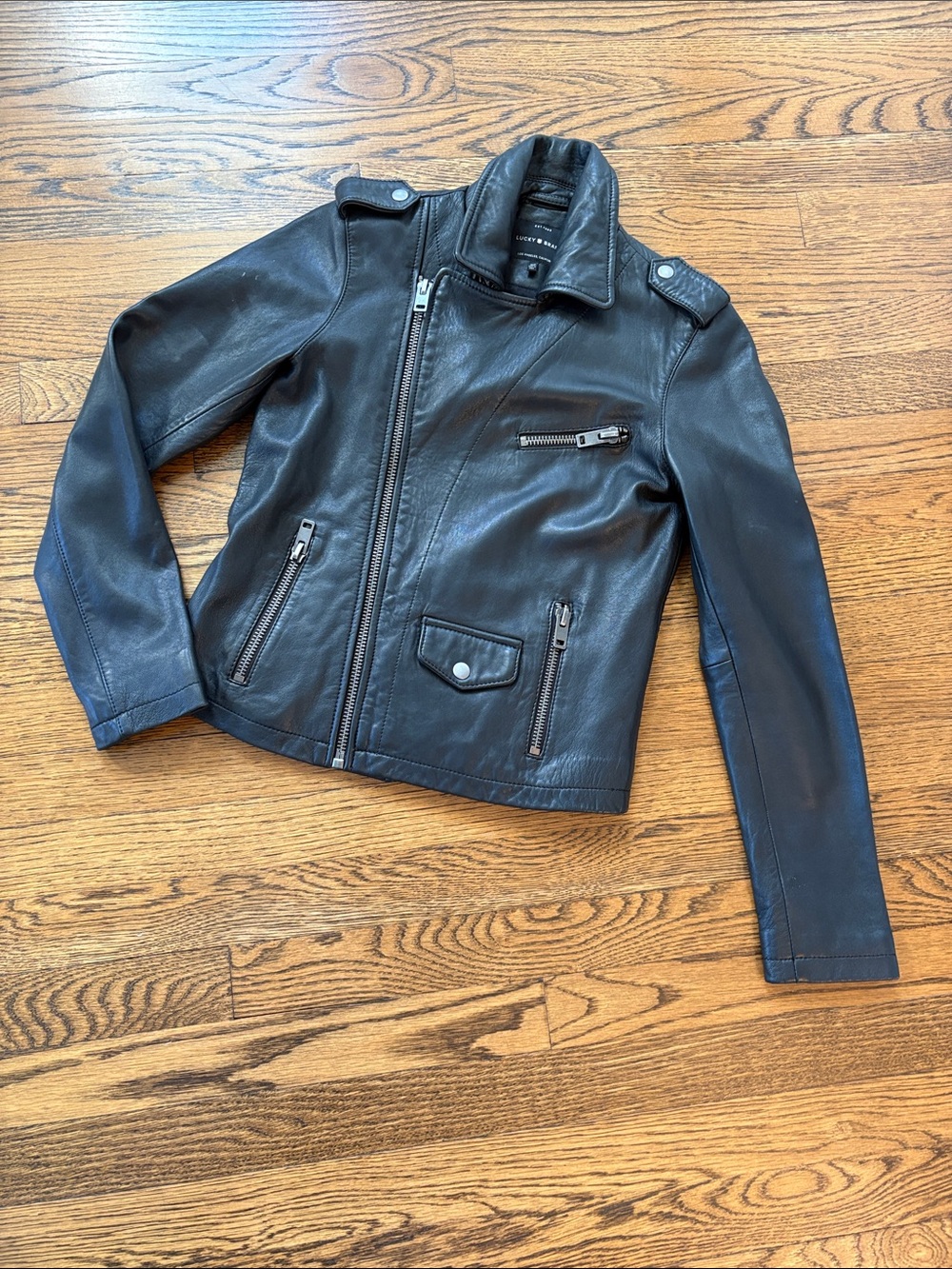 Lucky Brand Black lambs Leather Biker Jacket, ladies, xS